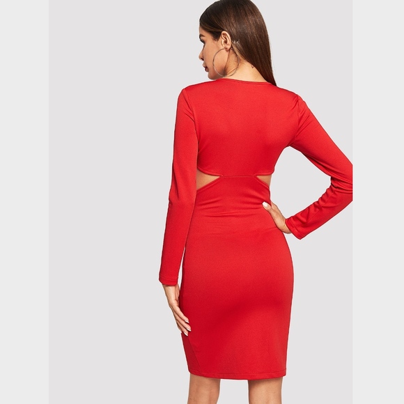 Zip Front Cut Out Slit Bodycon Red Dress Slim - Picture 3 of 7